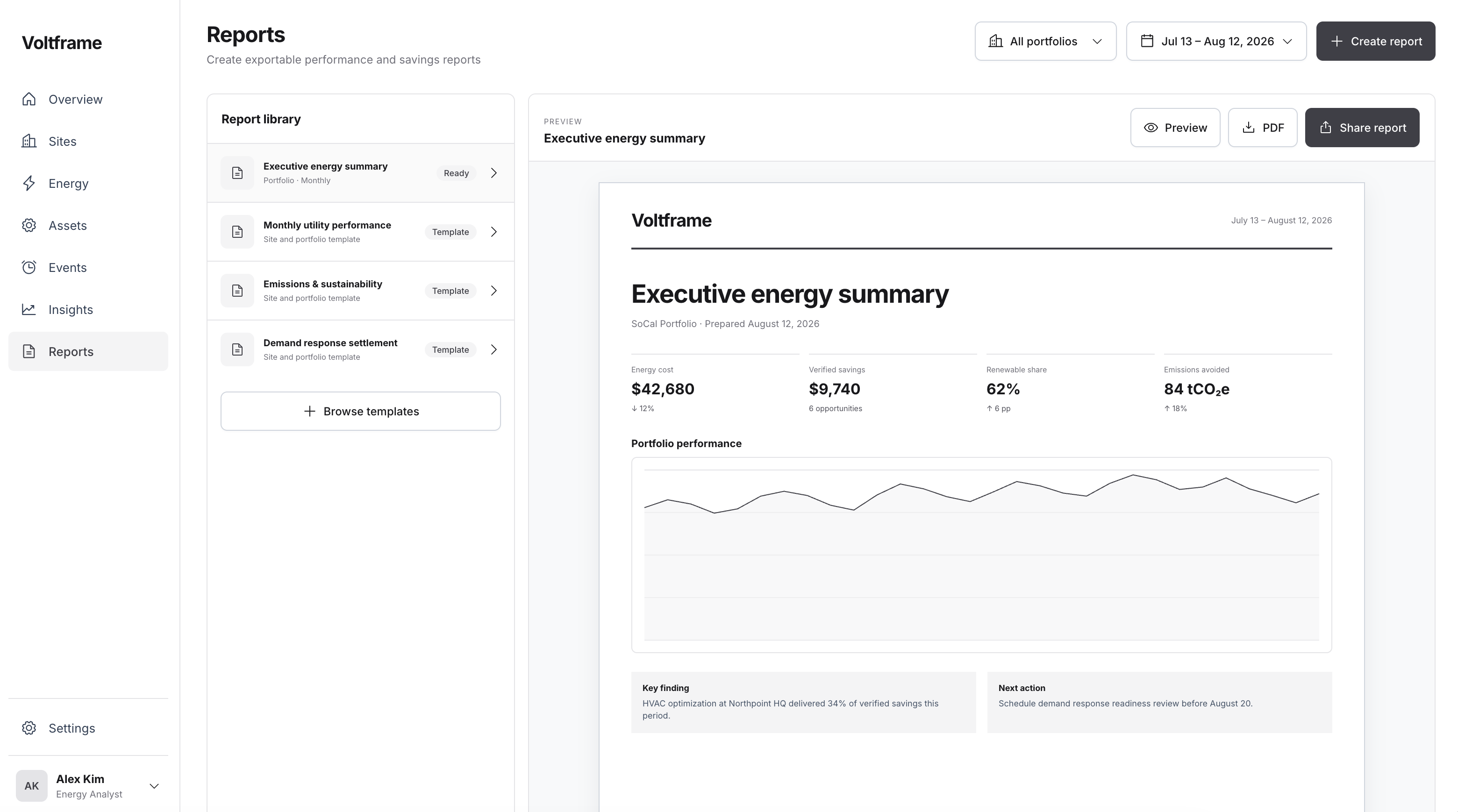 Voltframe exportable savings report